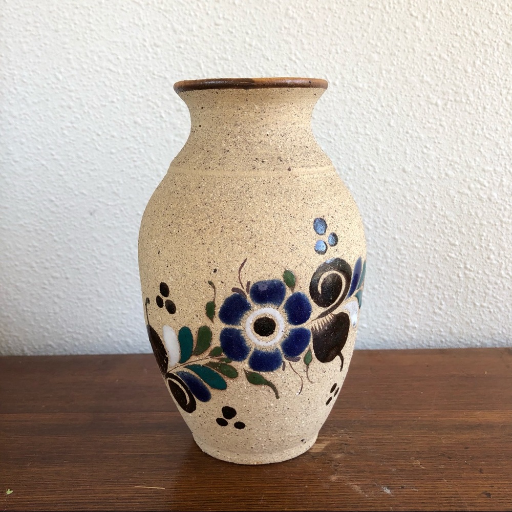 vintage stoneware textured vase with flower detail